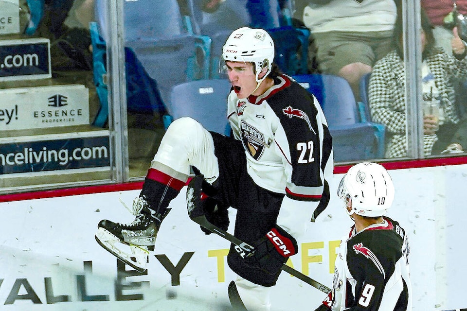 A jubilant Tyler Thorpe celebrated one of his three goals. Despite his hat-trick, the Vancouver Giants failed to pick up two points on Friday night, Oct 13, losing 6-3 to the visiting Swift Current Broncos at the 91ԭ Events Centre. (Wes Shaw/ ShotBug Press/Special to 91ԭ Advance Times) 