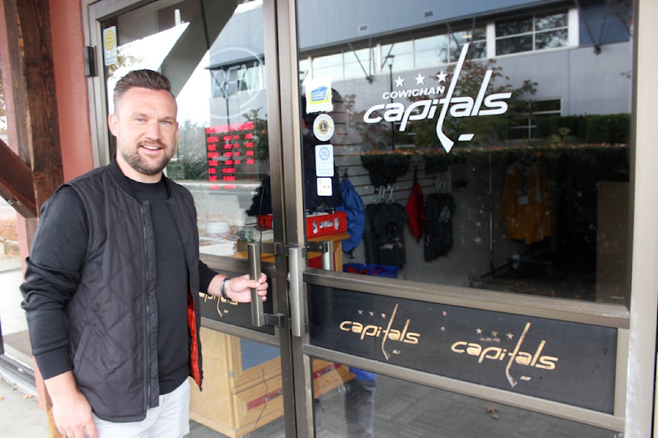 John Dewar outside the Caps’ office at the Cowichan Community Centre in Duncan. (Photo by Don Bodger) 
