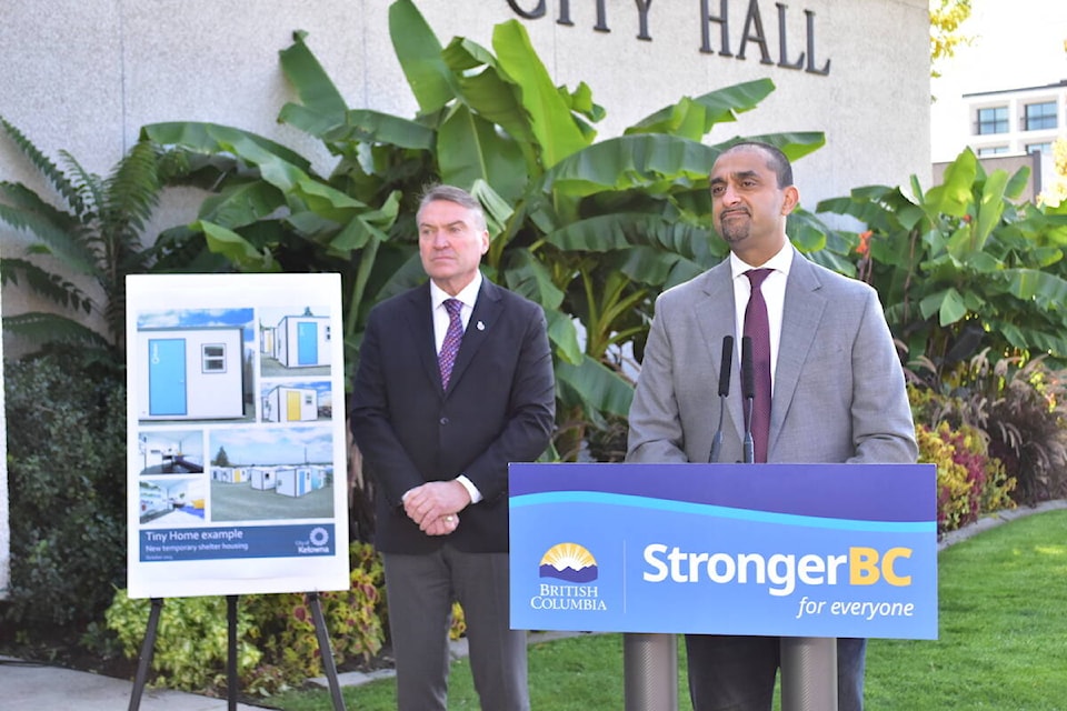 B.C. Housing Minister Ravi Kahlon (right) and 鶹ѡ Mayor Tom Dyas take questions from the media during a news conference (Oct. 12, 2023) announcing 120 tiny home units for people experiencing homelessness in the city. (Gary Barnes/Capital News) 