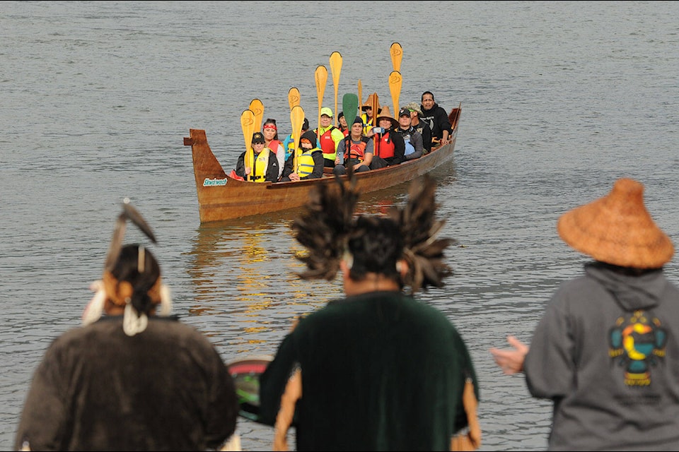 About 24 paddlers were welcomed to Shxwhá:y Village while taking part in the ‘Canoe Journey and Coastal Jam’ on Saturday, Oct. 21, 2023. (Jenna Hauck/ Chilliwack Progress) 