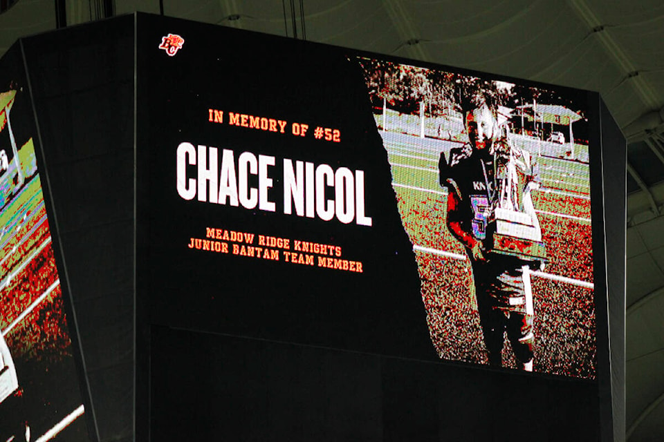 The BC Lions paid tribute to 12-year-old Pitt Meadows football player Chace Nicol at the Oct. 20 game. (Brandon Tucker/The News) 