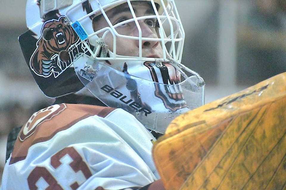 Aldergrove Kodiaks netminder Kyle Spak had a busy evening as Trappers outshot Kodiaks 45 to 23 to win 45-1 and lead the Hockey Day in 91ԭ series two games to none on Sunday, Oct. 22. (Dan Ferguson/91ԭ Advance Times) 