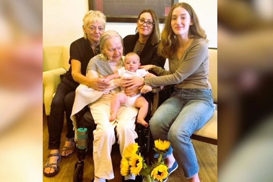 The Kuzmick family celebrated five generations in September. In back are Charlotte Jafvert and her daughter Amy VonHoltum, and in front are Lillian Kuzmick, her great granddaughter Shayna Arcinas-Durec and four-month-old Zadie. (Contributed) 