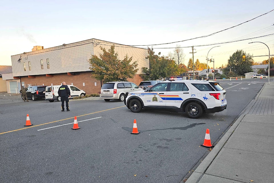  One person was arrested after a car hit the community police station in Aldergrove Sunday night, Oct. 29. Fraser Hwy. was blocked off and traffic is stopped in both directions between 268th Street and Station Road. (Dan Ferguson/Langley Advance Times) 