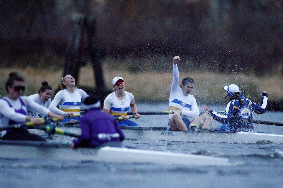 The University of Victoria Vikes’ Women’s Eight stern four –including Vernon’s Danica Ariano, with arm raised, celebrate their gold medal winat the Canadiian University Rowing Championships at Burnaby Lake Nov. 11 and 12. (Kevin Light Photo) 