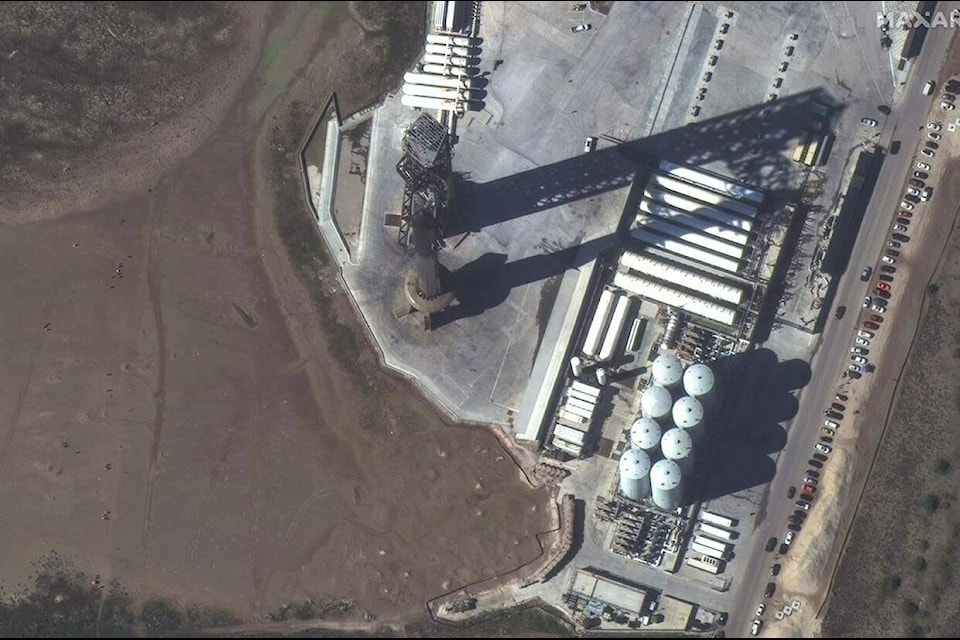 This image provided by Maxar Technologies shows a closeup view of SpaceX Starship stacked atop of the Super Heavy booster at the launch site, Friday, Nov. 17, 2023, in Boca Chica, Texas. (Satellite image ©2023 Maxar Technologies via AP) 