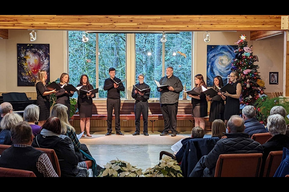 From left: Michelle Weckesser, Bonnie Louden, Christina Taylor, Kevin Louden, Everett Dixon, Tom Ellis, Sheena Hiles, Stephanie Robinson, and Caroline Wilson sing as the Cowichan Vocal Collective. They have a pair of shows coming up for Christmas in early December, 2023. (Photo courtesy of Cowichan Vocal Collective) 