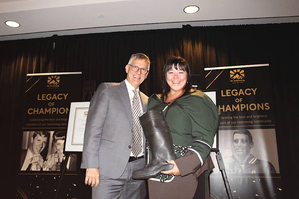 Duncan Stingrays Swim Team head coach Leanne Sirup received the coveted Rubber Boot Award, given to the top coach in the province as chosen by their peers, during a special event on Sept. 30. (Submitted photo) 