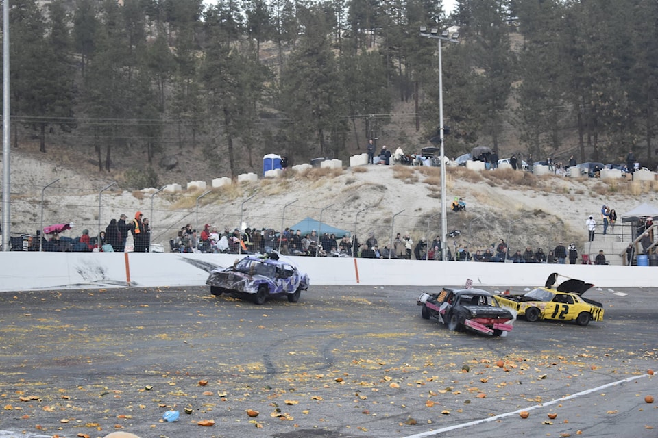 Hit-to-pass cars participate in their while driving over pumpkins at the Penticton Speedway on Oct. 28. (Logan Lockhart- Western News)  