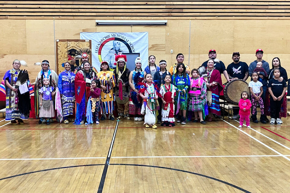 The Wild River Drum group and dancers from Canim Lake. There were displays of fancy, traditional and jingle dancing along with singing and drumming throughout the afternoon at a recent celebration of the community gaining education jurisdiction for their children. (Fiona Grisswell photo - 100 Mile Free Press) 