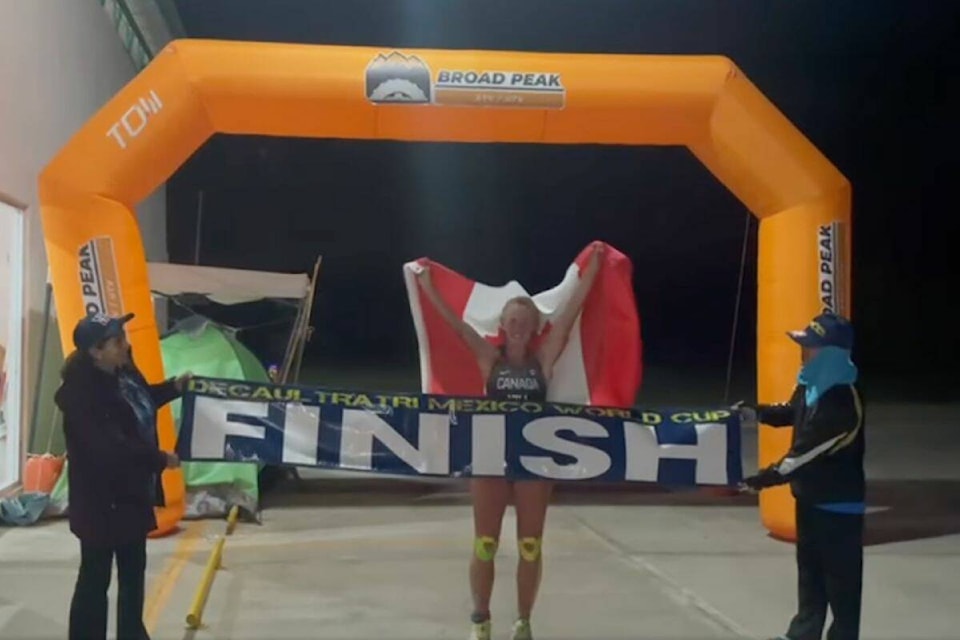 Shanda Hill crossed the finish line in San Felipe, Mexico on Oct. 19 in first to complete the DecaUltraTri Continuous Double Deca. (Contributed) 
