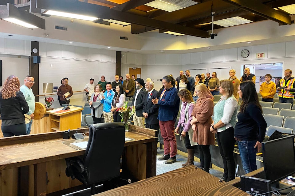 Williams Lake First Nation’s David Archie opens a gathering at city hall Friday where political leaders announced a new, $24.3 million water treatment facility for Williams Lake. (Kim Kimberlin photo - Efteen) 