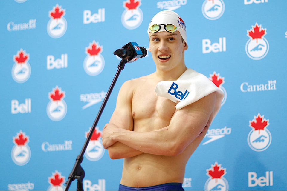 Langley-based swimmer Collyn Gagne, seen here in a post-race interview at the 2022 Canadian Swimming Trials, captured a silver medal in the pool Tuesday, Oct 24 at the 400-metre Individual Medley event at the Pan Am Games in Santiago, Chile. (Kevin Light/Swimming Canada) 