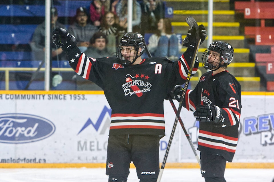Kade Leskosky celebrates his third goal of the night, propelling the Kimberley Dynamiters to a 3-1 over the Kelowna Chiefs on Friday, Nov. 3. Paul Rodgers photo. 