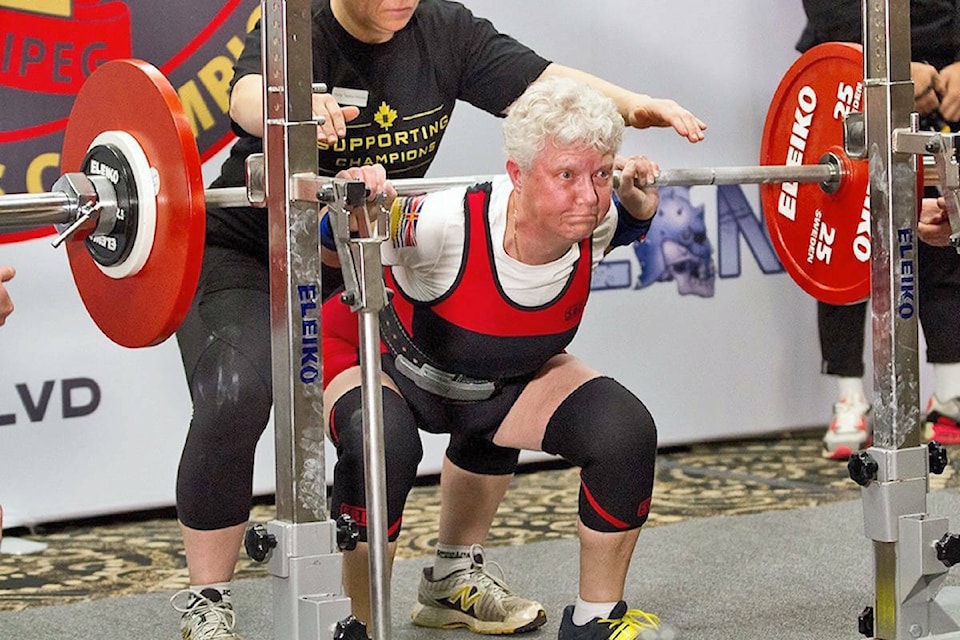 Aldergrove’s Sharlene Brunjes, seen here at the Canadian national powerlifting championships in 2020, shattered two Canadian record to win her class at the 2023 World Masters Classic Powerlifting Championships on Oct. 8. (Langley Advance Times files) 