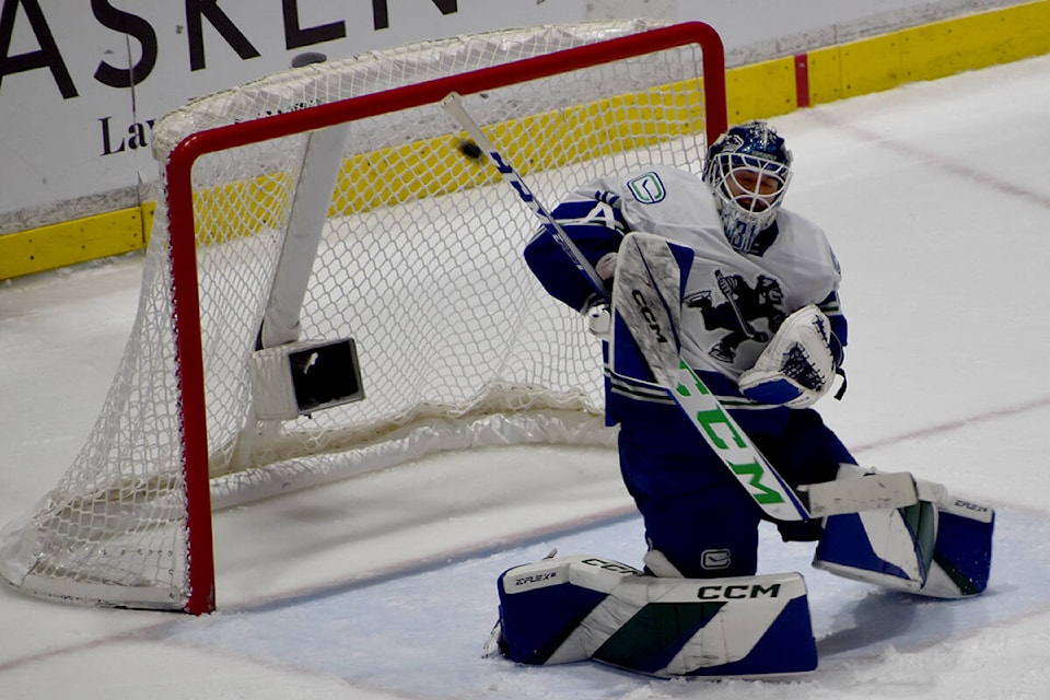 Abbotsford Canucks goalie Arturs Silovs made 23 saves to record his sixth career AHL shutout on Saturday (Nov. 4). (Ben Lypka/Abbotsford News) 