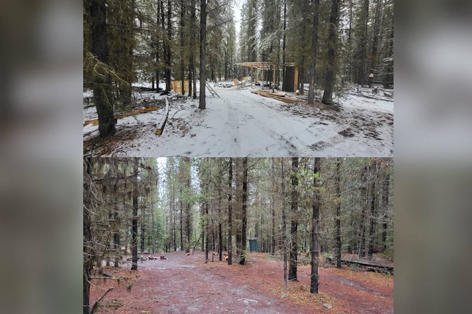 A before and after image of the camp up Beaver Lake Road cleaned up by the Okanagan Forest Task Force. (OFTF/Facebook) 