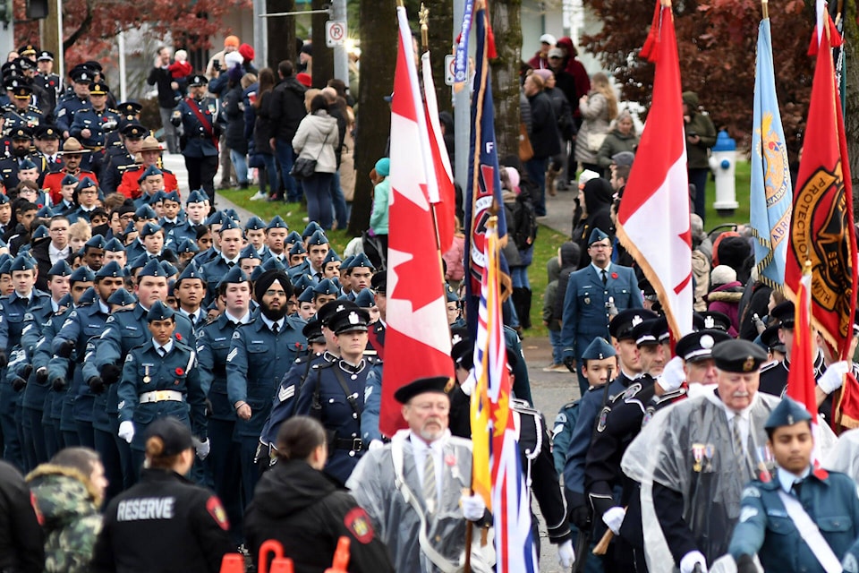 Approximately 2,000 people attended the Remembrance Day ceremony at Thunderbird Memorial Square on Veterans Way in Abbotsford on Saturday, Nov. 11, 2023. (John Morrow/ Abbotsford News) 
