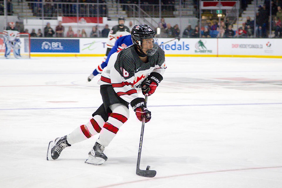 Vancouver Giants forward Cameron Schmidt tucked in a backhand 9:18 into overtime to give Canada White a 2-1 win over the United States and the gold medal at the 2023 World Under-17 Hockey Challenge in Charlottetown on Saturday, Nov. 11. (James Broek/Special to 91ԭ Advance Times) 