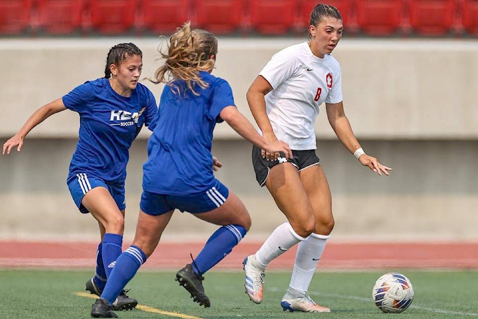 91ԭ’s Mikayla Tupper (no. 8), who plays for the SFU Red Leafs women’s soccer team, has been named Great Northwest Athletic Conference Newcomer of the Year. (Special to 91ԭ Advance Times) 