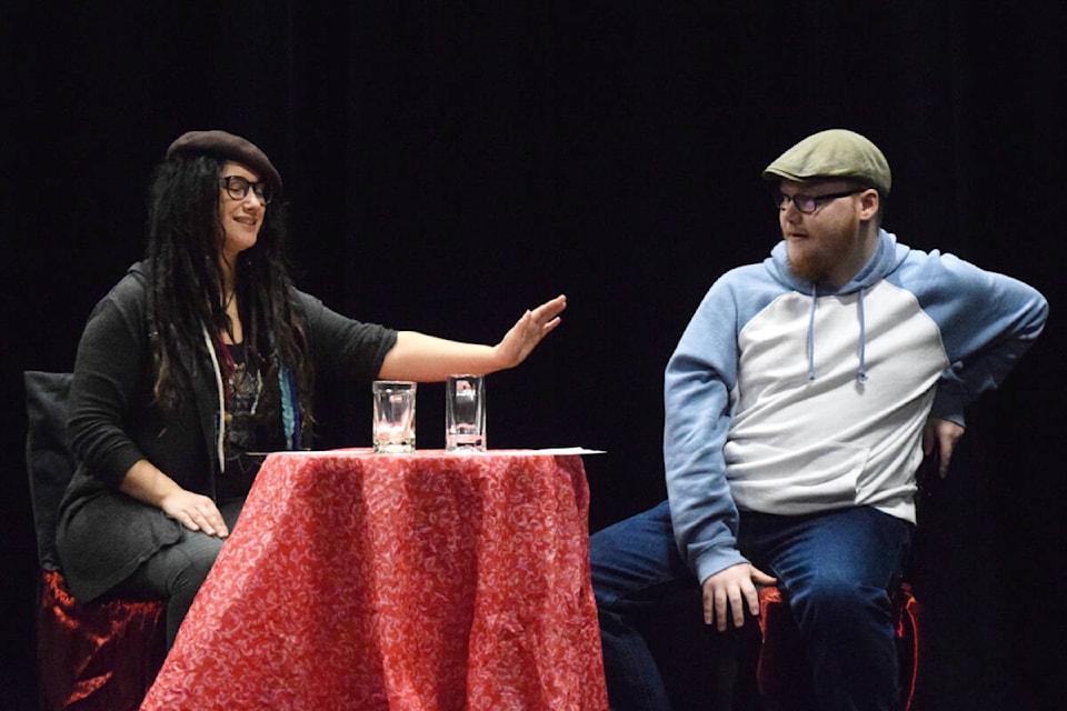 Lacy (Rachelle Mecca) and Miles (Liam Tyne) share an awkward first date during a rehearsal of the Portal Player Dramatic Society production of My Narrator. (ELENA RARDON / Alberni Valley News) 