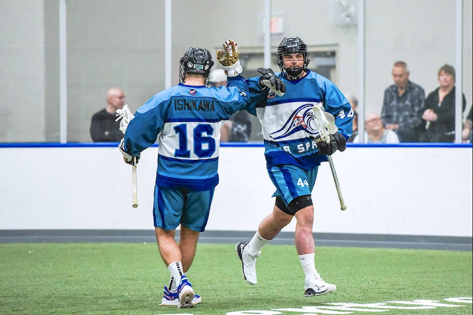 Sea Spray’s Eli Batt (#44) and Cole Ishakawa celebrate during their team’s 13-12 win over the Grizzlies during Arena Lacrosse League West Division action at 91ԭ Events Centre on Sunday, Nov. 12. (Ryan Molag/Special to 91ԭ Advance Times) 