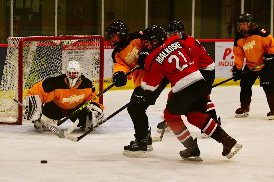 A Quesnel team took on eventual silver medalists Chase in the U18 House Tournament held here this past weekend. (Karen Powell photo) 