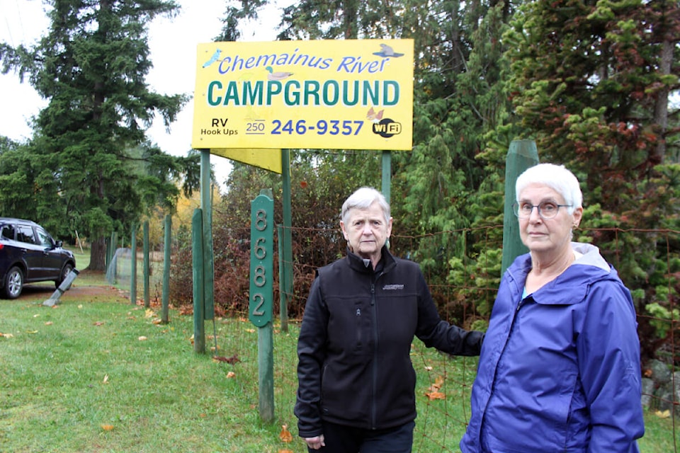 Jeri Wyatt, left, with sister-in-law Julia Brawn, faces some tough decisions ahead with the Chemainus River Campground put on life support by the ALC. (Photo by Don Bodger) 