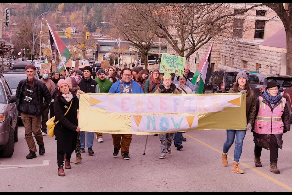 About 150-200 people rallied and marched in support of Palestine in Nelson on Nov. 9. Click top right to enlarge the photo gallery. Photo: Bill Metcalfe 