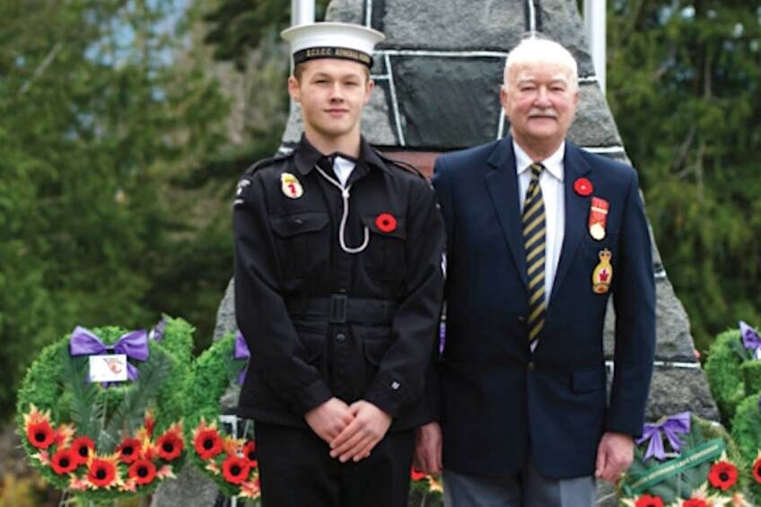“Chief Petty Officer Ron Larone with his grandson Master Seaman William Piche attend the Remembrance Day ceremony at the Lake Cowichan Cenotaph on Monday, Nov. 11. Ron has 32-years of service with the Navy and was stationed in Victoria, Ottawa and Halifax. William has been three-years in Sea Cadets and plans to join the Navy like his grandfather.” (Lake Cowichan Gazette/Nov. 13, 2013) 