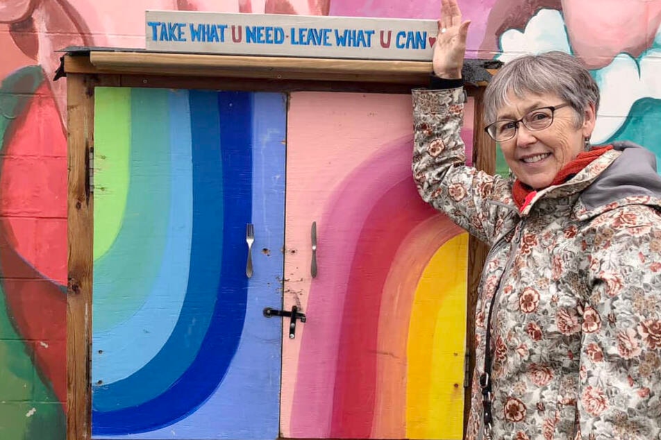 Elizabeth-Ann Winkler says she’s been wanting to add this simple ‘Take what u need Leave what u can’ sign to the pantry project for a while now. She added the final securing touches on Thursday (Nov. 9, 2023). (White Rock Pantry Project Facebook photo) 
