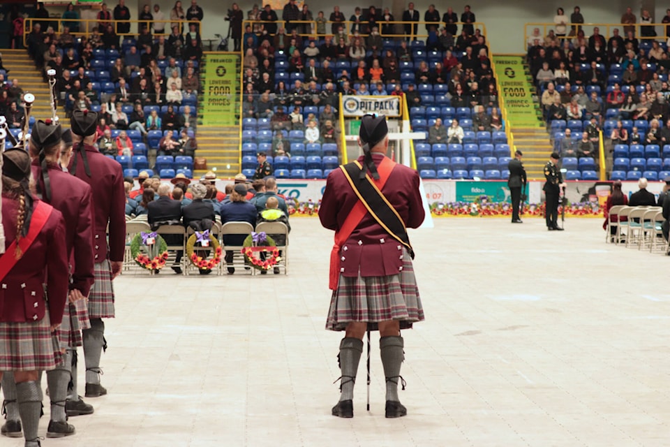 More than 1,000 people gathered at Kal Tire Place in Vernon to mark Remembrance Say Saturday, Nov. 11, 2023. (Brendan Shykora - Morning Star) 