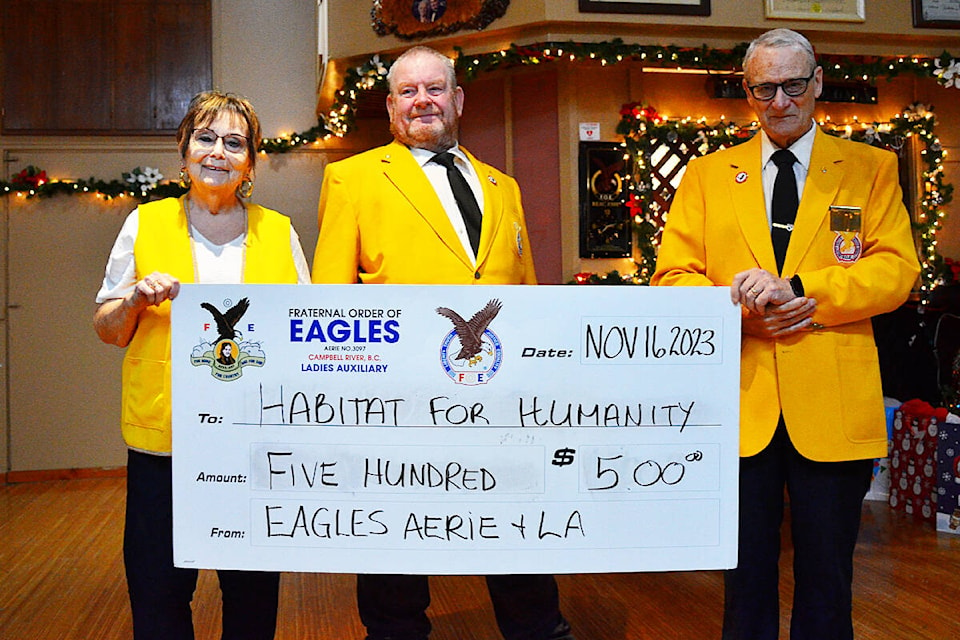 The Fraternal Order of the Eagles donated $500 to Habitat for Humanity. Photo by Alistair Taylor/Campbell River Mirror 