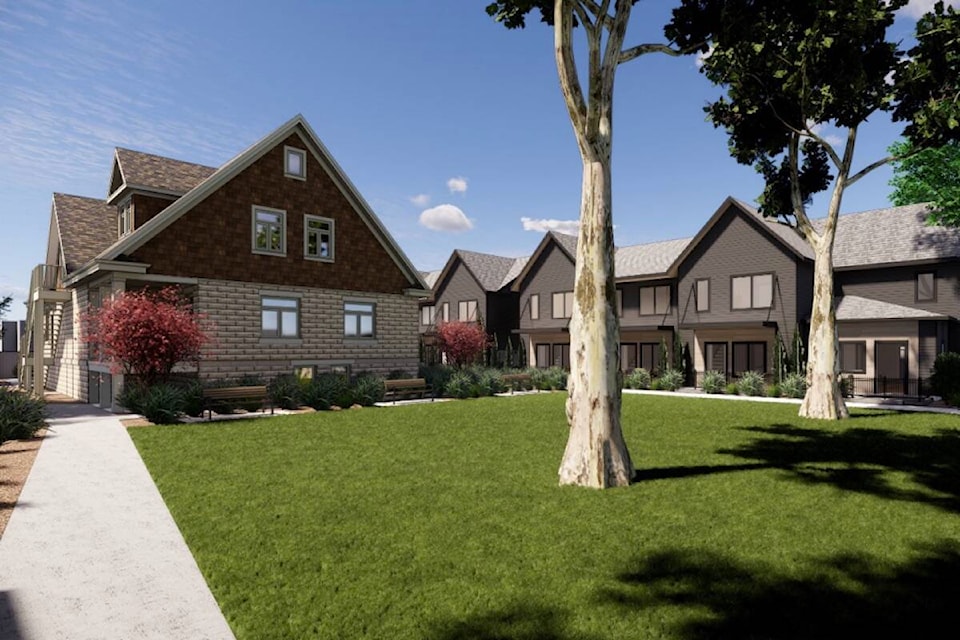 Conceptual rendering showing two fourplex developments (right) proposed for the historic Cadder House property at 2124 Pandosy Street. (NIDO design) 