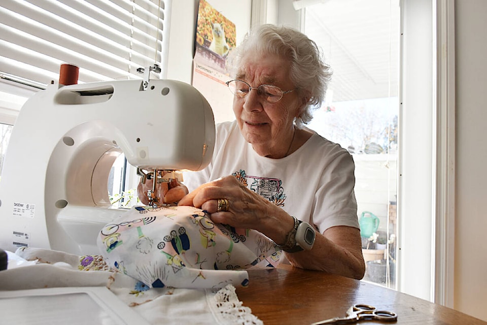 Flora Jenken, 90, sewed 200 bags for Operation Christmas Child. (Colleen Flanagan/The News) 