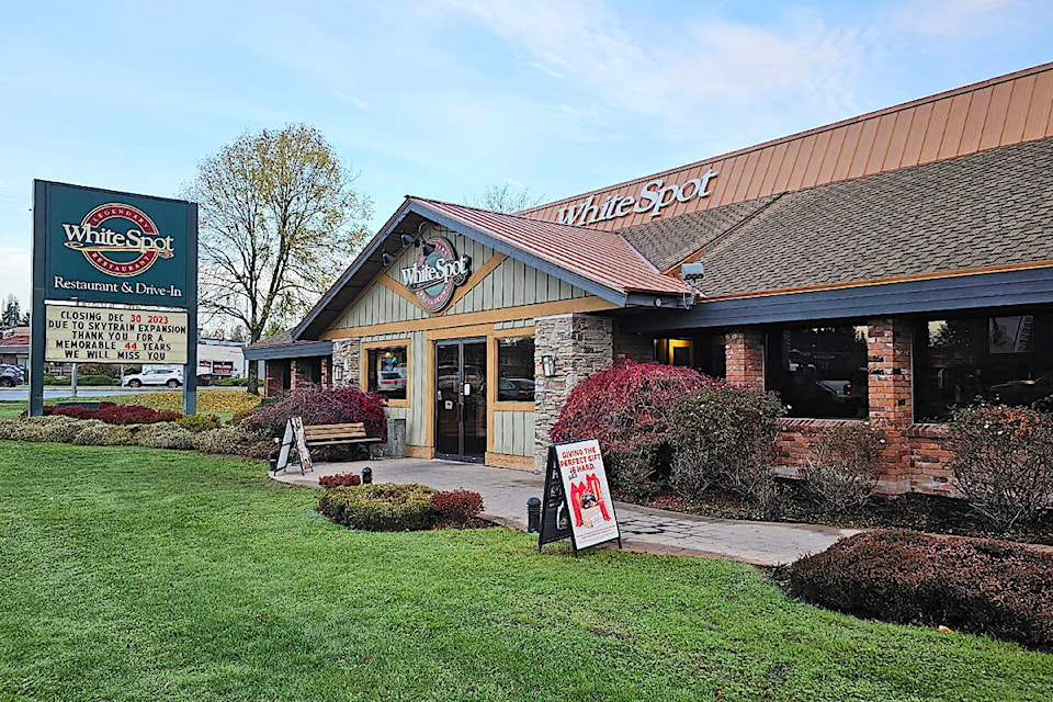 On Dec. 30, after 44 years at the intersection of Fraser Highway and Willowbrook Drive, the White Spot restaurant is closing to make way for a new SkyTrain station at the same location.(Dan Ferguson/Langley Advance Times) 