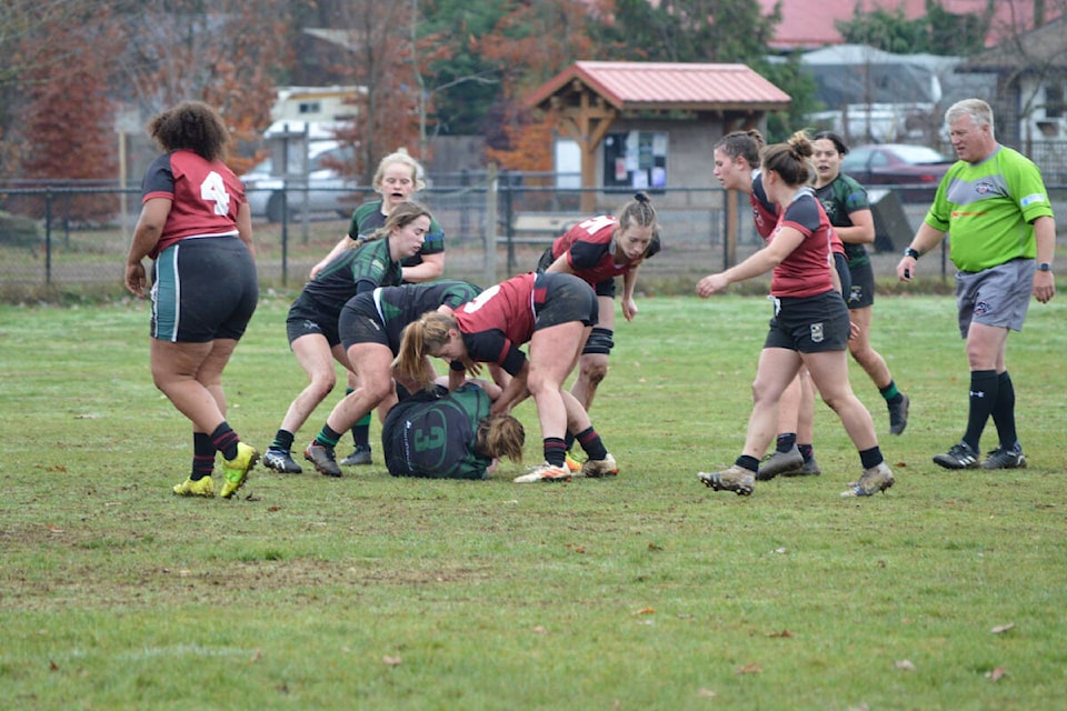 Comox Valley Kickers lock Audrey Jones jackaling the ball during Saturday’s contest against the Cowichan Piggies. Photo by Jenn Lund 