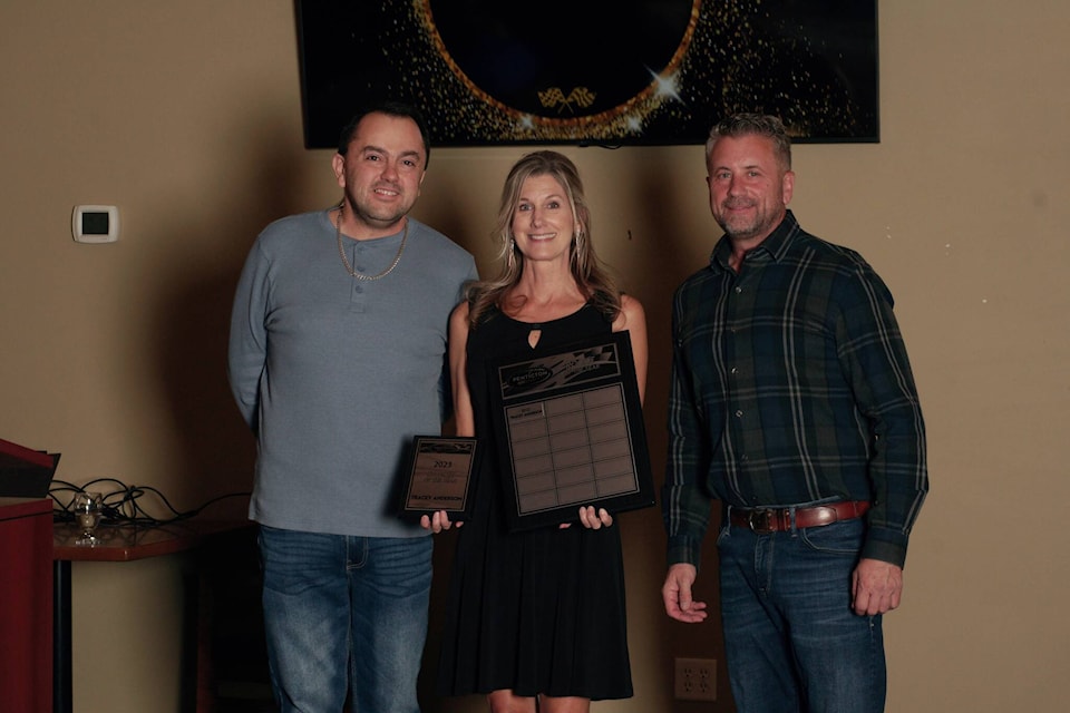 Western News’ Tracey Anderson accepts the Penticton Speedway’s Rookie of the Year Award for 2023. (Submitted) 