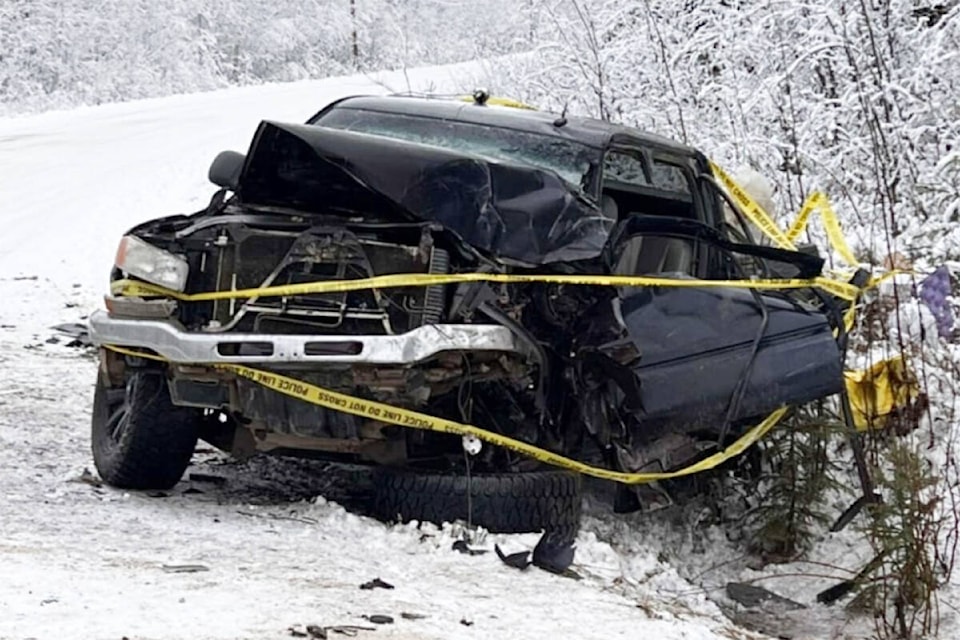 Layla Legebokoff’s truck after the crash on Nov. 13, 2023. (Photo submitted) 