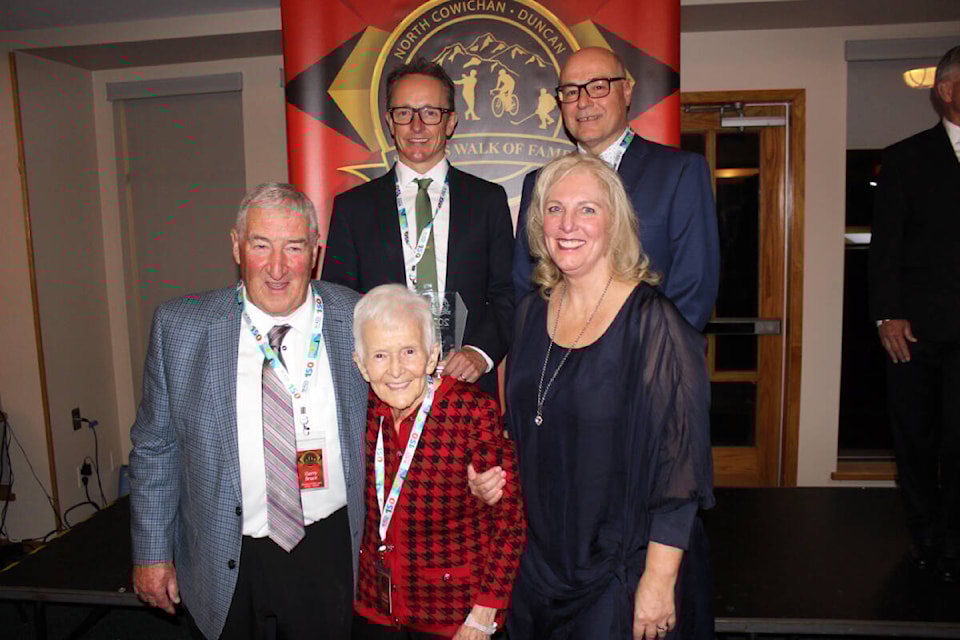 The induction class of 2023, back row from left, includes: Jason Sandquist and Ernie Mansueti. Front: Garry Bruce (representing the 1959 Duncan Little League baseball team); Helen Gosnell; and Kim Orr (Poland) (representing the 1983 Cowichan Thunderettes). (Photo by Don Bodger) 