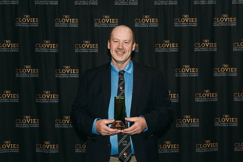Walter van Halst is seen with his Citizenship Excellence Award at the 2023 Clovies. The award “recognizes an individual who has made outstanding contributions to the well-being of the community through their commitment and dedication.” (Photo submitted: Cloverdale Chamber) 