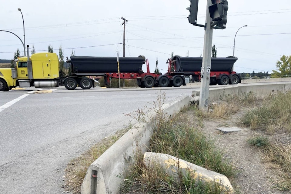 The intersection of Highway 20 and MacKenzie Avenue intersection prevents pedestrians, bikes, and individuals with disabilities from activating button for crosswalk. (Coun. Joan Flaspohler photo) 