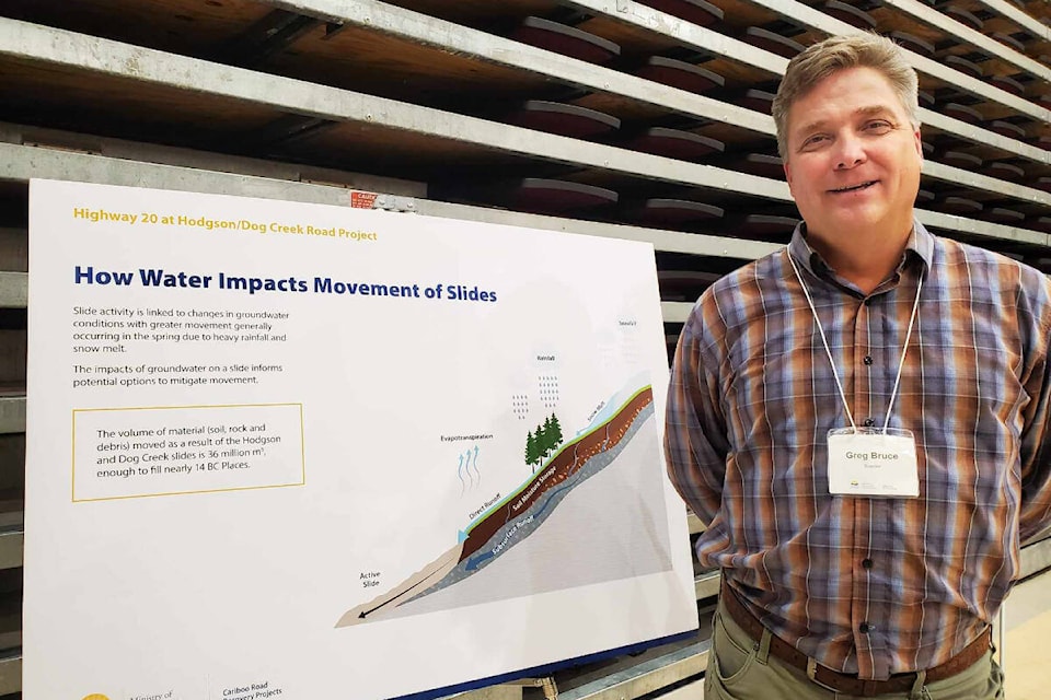 Greg Bruce a director with the Ministry of Transportation and Infrastructure is on hand to answer questions about the Hodgson/Dog Creek Road project Wednesday, Nov. 15 at a public information session in Williams Lake. (Monica Lamb-Yorski photo - Efteen) 