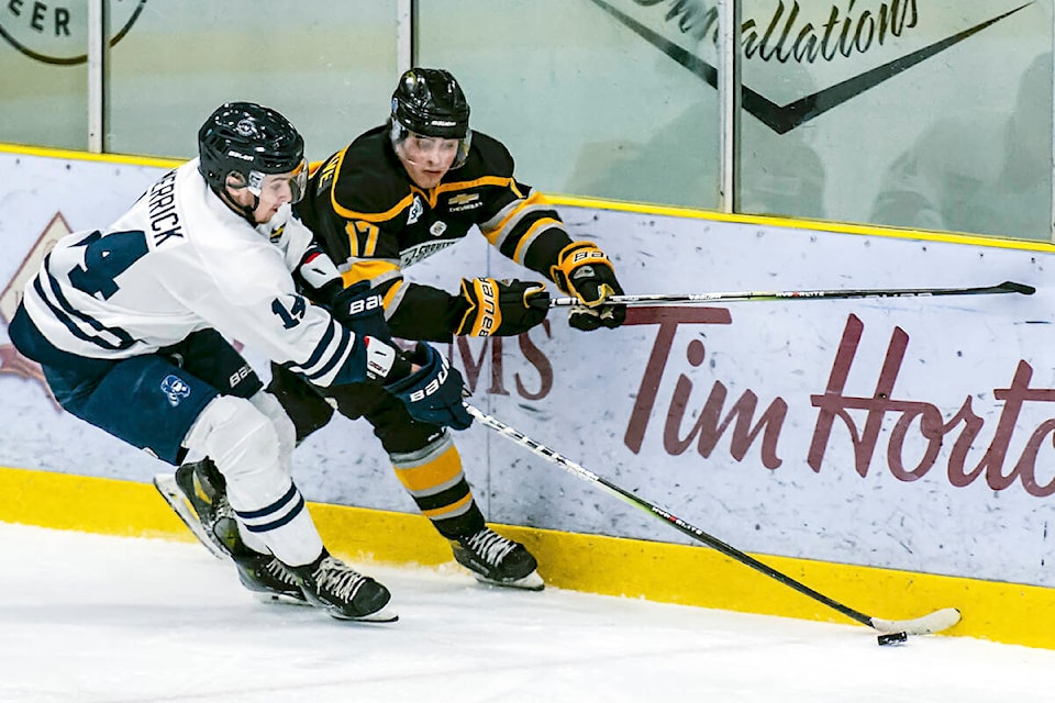 Riv centre Adyn Merrick was digging for the puck as the hard-working 91ԭ 91ԭ bounced back from a shutout loss the previous night to post a 5-3 win against the Coquitlam Express on home ice at George Preston on Saturday, Nov. 25. Merrick was named first star if the game. (Jillian Kirby/Special to 91ԭ Advance Times) 