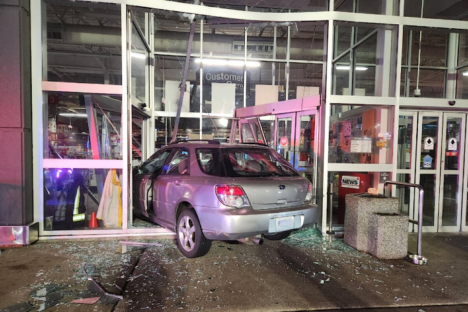 A man in his 20s was arrested for suspected impaired operation of a motor vehicle after driving his car into the front of Canadian Tire in Port Alberni on Sunday, Nov. 26. (PORT ALBERNI RCMP PHOTO) 