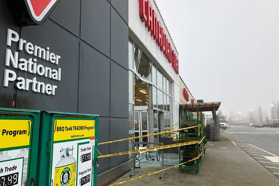 Canadian Tire in Port Alberni was open as of Monday, Nov. 27, although the regular exit is blocked off. (ELENA RARDON / Alberni Valley News) 