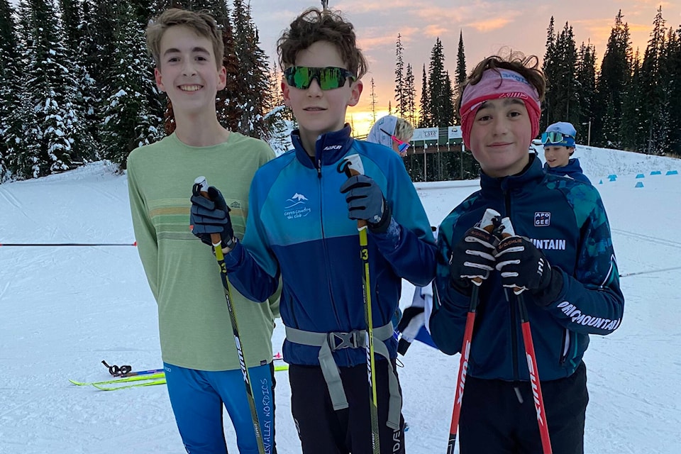 left to right, Alex Forsyth, Finlay Beedle (both from BV Nordic) and pal Ryan Franz (Houston Nordic) getting in some pre-season on snow time at Sovereign Lake Nordic Ski Club near Vernon BC. (Submitted photo) 