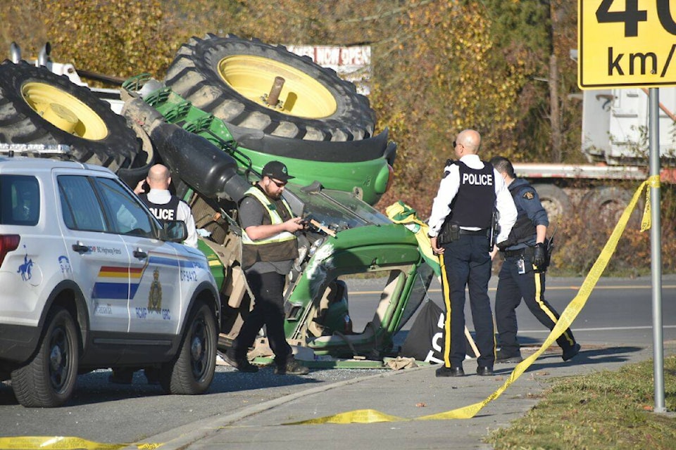 Police chased the tractor along Highway 1 until the 176th Street offramp, where it collided with a BC Highway Patrol vehicle (Photo: Curtis Kreklau/ South Fraser News Services) 