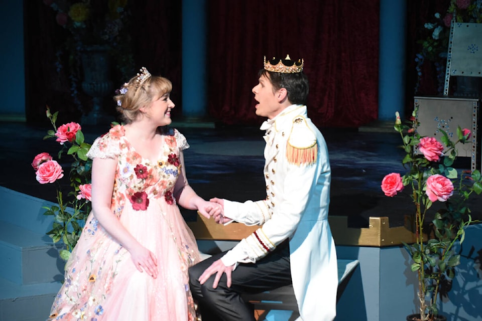 Cinderella, played by Kirsten Lyons, and the Prince, played by Bryan Jones in the garden during the ball. The dress rehearsal took place on Nov. 28, 2023. (Ruth Lloyd photo - Williams Lake Tribune) 