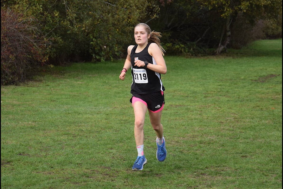 Island championships St. Michaels University School athlete Nella Meinecke approaches the finish line at the Vancouver Island High School Cross Country Championships at Elk/Beaver Lake Regional Park Wednesday (Oct. 18). Meinecke came in third place in the senior girls race. See story on page A8. (Brendan Mayer/News Staff) 